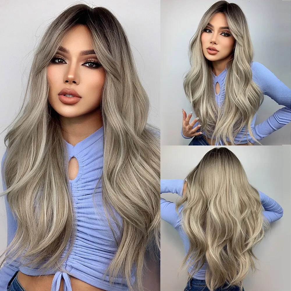 Brown Blonde Ombre Natural Hair Wigs for Women Long Wavy With Dark Roots Synthetic Wig for Women Heat Resistant Coaplay Wigs