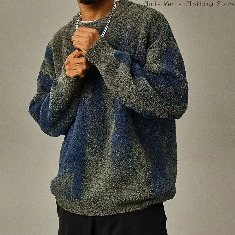 Men's Fashion Match Color Striped Sweater  Autumn/Winter  New Loose Men's Pullover Sweater Casual Soft Fur Coat Hoodie Men