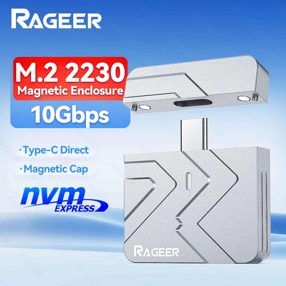 RAGEER 2230 M.2 NVMe SSD Plug-n-Play Enclosure - USB 3.2 (10Gbps) Aluminum Case W/ Magnetic Cover, Type-C Port, 9210 Chip