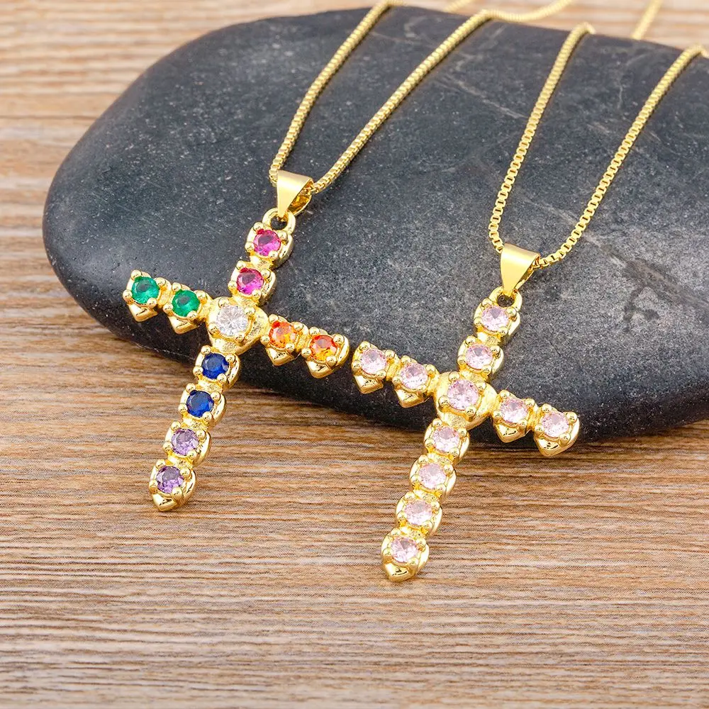 Nidin Vintage Colorful Heart Cubic Zircon Cross Necklace For Women Christian Rainbow CZ Pendant Fashion Jewelry Gifts Wholesale