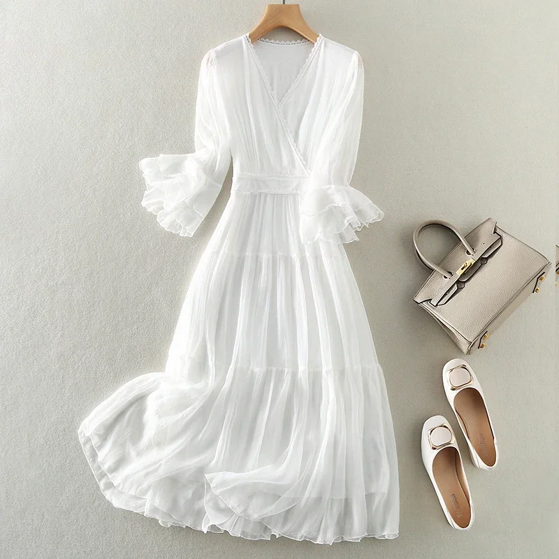 100% Real Silk Summer Dress Women High Waist Long White Dresses For Women Clothing High Quality Vintage Holiday Fairy Dress Zm