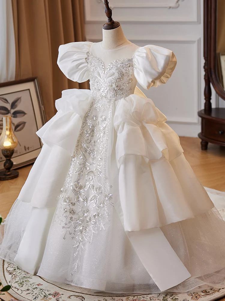 Weiße Blume Mädchen Kleider Hochzeit großen Bogen Puff Ärmel Kinder Geburtstag Ball Kleid Luxus exquisite Kind Klavier Performance Kleid