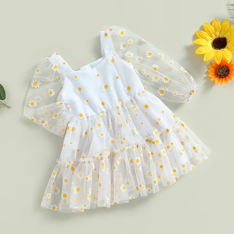 Cute Toddler Baby Girl Princess Dress Elegant Daisy Print Long Sleeves Mesh Tulle Party A-Line Dress for Toddler 3M-3Y