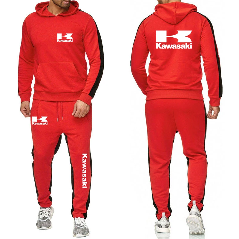 Spring Autumn Men Kawasaki Two-piece Set Kawasaki Motorcycle Racing Logo Print Fashion Casual Cool Hoodies+Sports Pants Suits 88