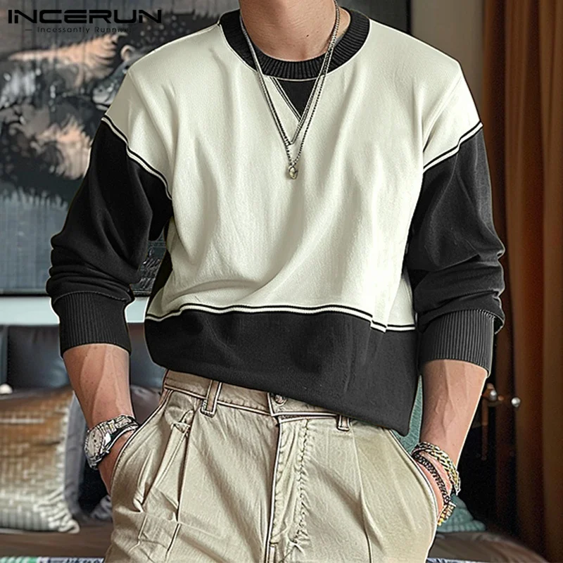 INCERUN Men's Casual Long Sleeve Tops 2024 Color Matching Splicing Hoosies Personality O-neck Sweatshirts Simple Clothing S-5XL