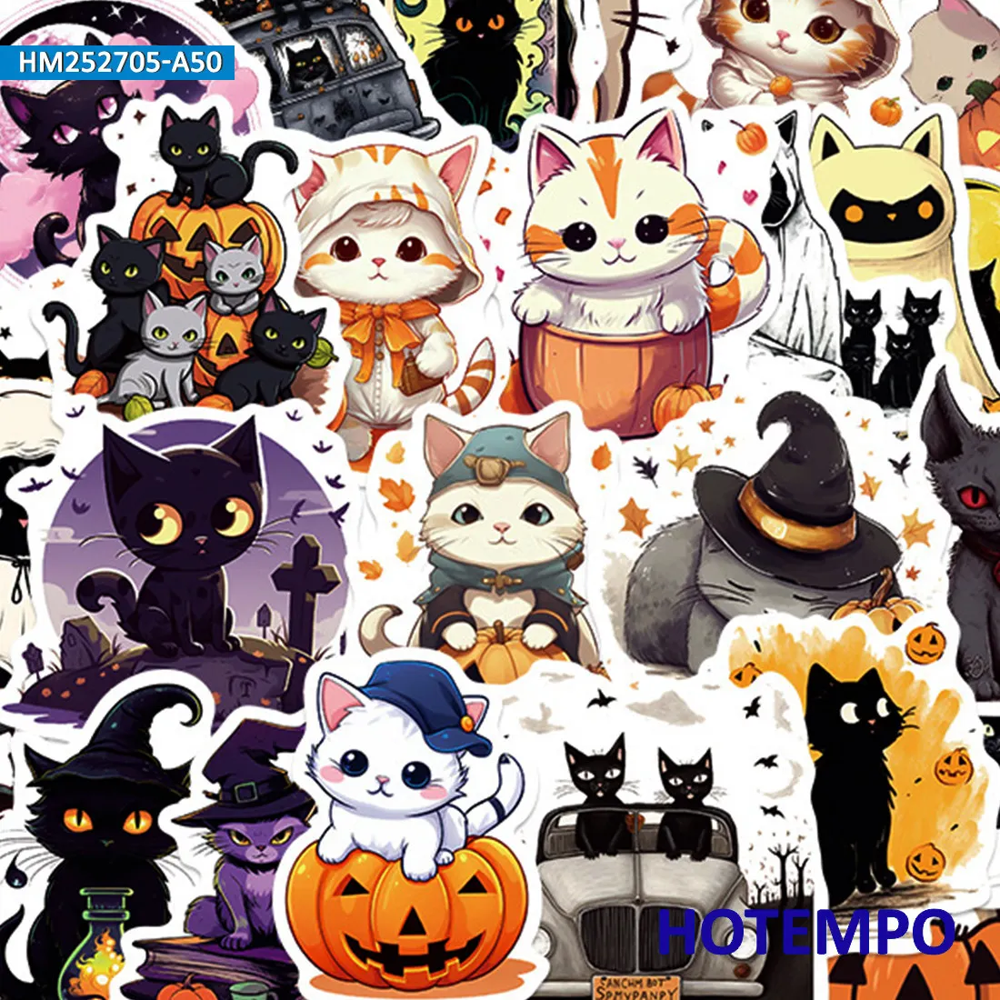 Naklejki na Halloween, Śliczne koty z kreskówek graffiti, Nadaje się do dekoracji, laptopa, samochodu, telefonu, albumu z wycinkami, bagażu, Zabawny pakiet naklejek, 20/30/50 sztuk