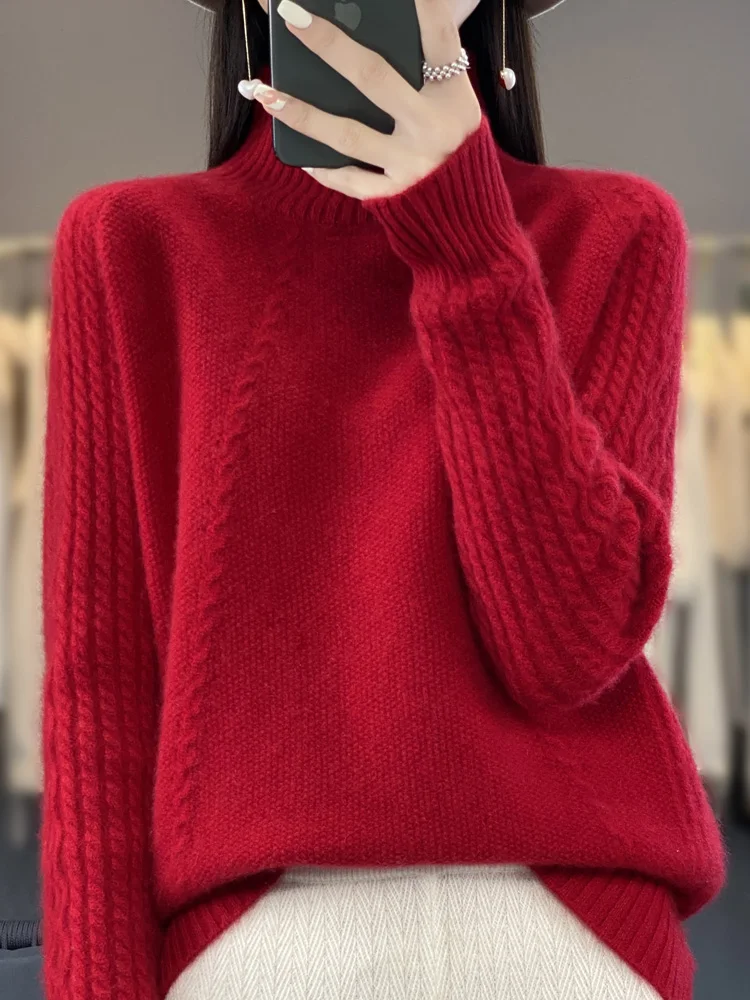 

Autumn Winter Thick Women Sweater 100% Merino Wool Turtleneck Pullover Long Sleeve Twisted Cashmere Knitted Female Clothing