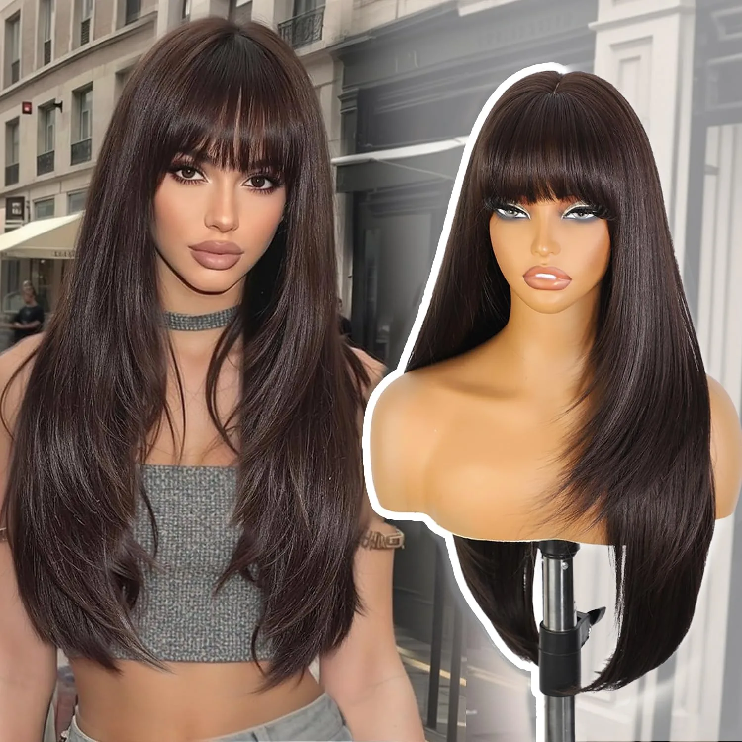 Dark Brown Layered Lace Wig With Bangs Straight Wigs Synthetic For Women 13x4 HD Transparent Pre Cut Daily Glueless Cosplay