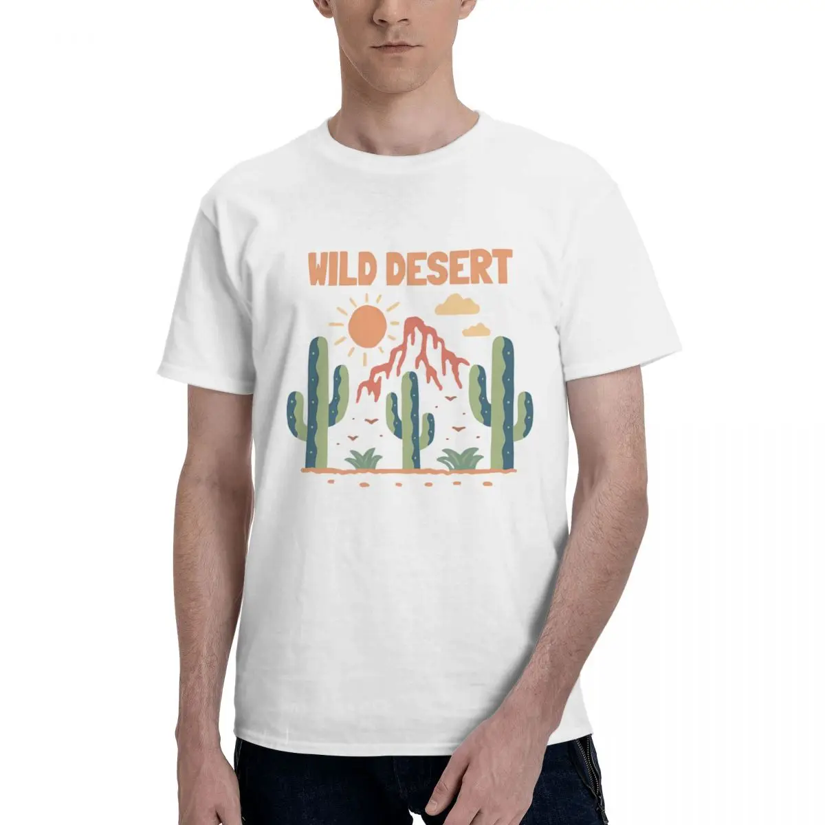 Mens T Shirt Printed Wild Desert Cactus 100% Cotton Short Sleeve Crew Neck Individuality Casual Men clothes Tees