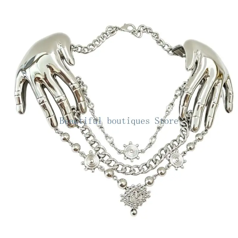 U4LF Sculptural Hand Statement Necklace with Multiple Chain Layers, Bead-Like Details, Round Discs and Lobster Clasp Closure