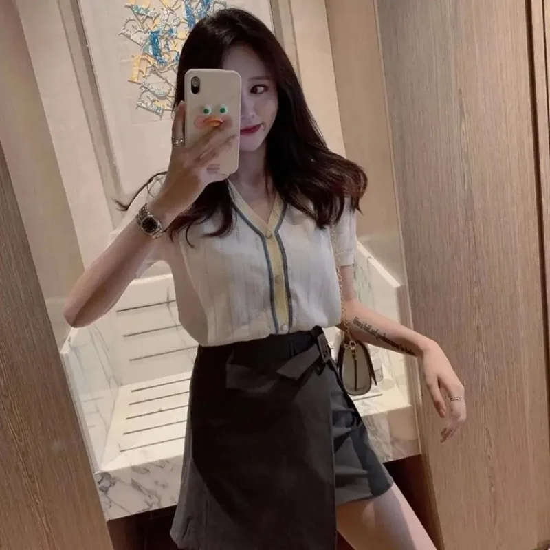 Women's Two Piece Set Slit Skirt Short Sleeve Lightly Cooked Clothing Luxury Summer Clothes 2024 New Matching Y2k Female Outfits