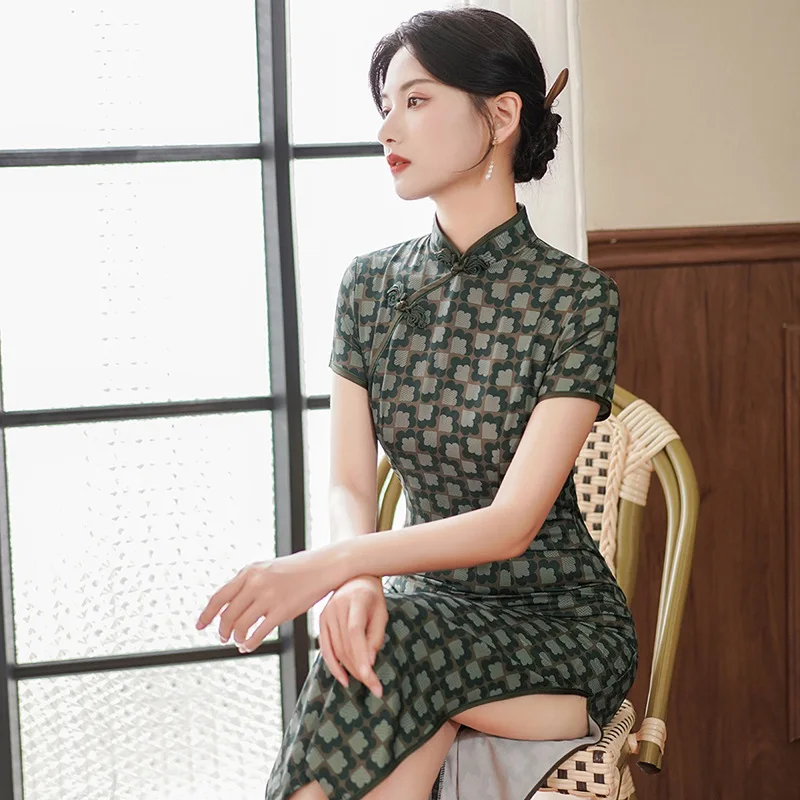 Improved Spring/Summer New Cheongsam Mid-Length Chinese Republican Style Women's Clothes Dress Retro Slim Fit Fashion