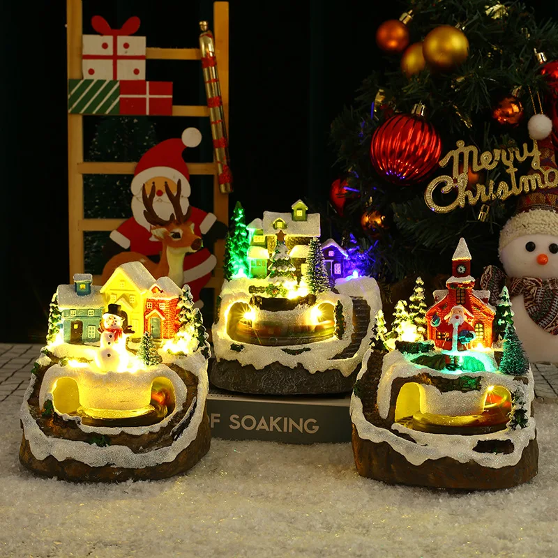 C2 Christmas 2024 Xmas Resin Crafts Led Lights Christmas Tree Snowflake Decoration Train Christmas Village Sets Musical House