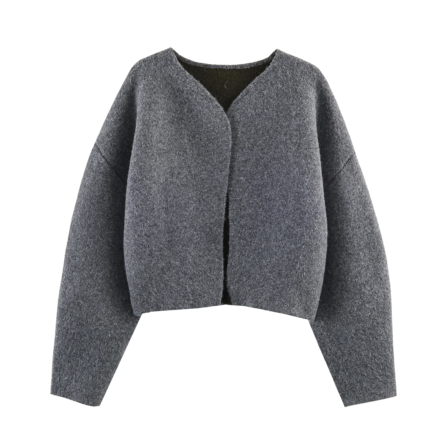 Winter new women's clothing color blocking splicing lining V-neck long sleeved double-sided knitted cardigan jacket