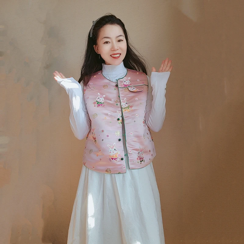 

New Arrival Little Rabbit Double-Sided Woven Silk Chinese Sle round Ne Vest for Women Original Design Single Button Sprin...