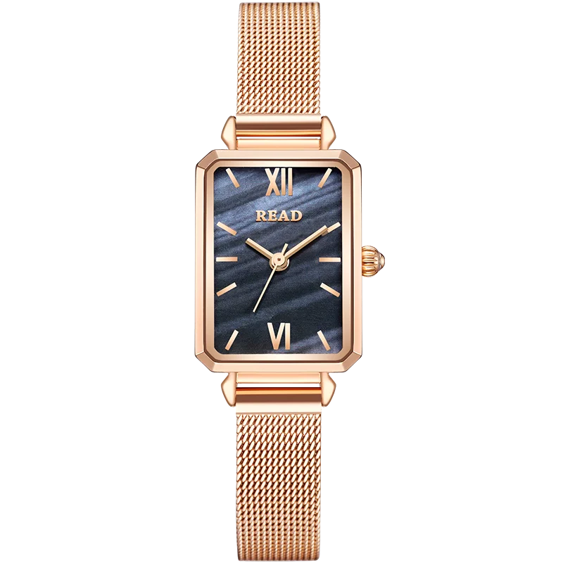 Ladies Analog Dress Watch | Vintage Square Case | Black Marble‑Style Dial | Rose‑Tone Mesh Band | Daily Water Resistant Watch
