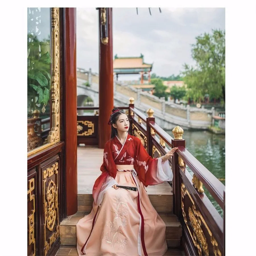 Hanfu Chinese Style Women Chinese Traditional Stage Dance Dress Female Fairy Cosplay Costume Hanfu Red Halloween Clothing