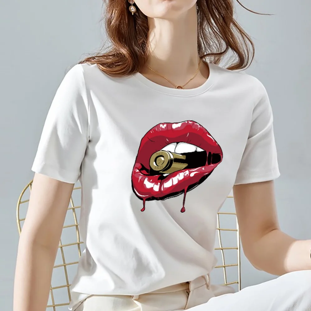 

Women's Fashion Slim T-shirt Charming Sexy Lips Print Pattern Series O-neck Summer White Short-sleeved Women's Bottoming Shirt