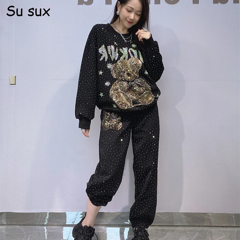 

Одежда из двух предметов с блестками и рисунком гипсофилы, женские комплекты брюк большого размера, осень 2021, корейские модные кофты и спортивные штаны