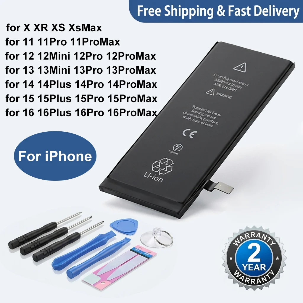 

For iPhone 16 15 14 13 12 11 Mini Plus Pro MAX XS X XSMAX XR Replacement Battery High Capacity Power + Tools