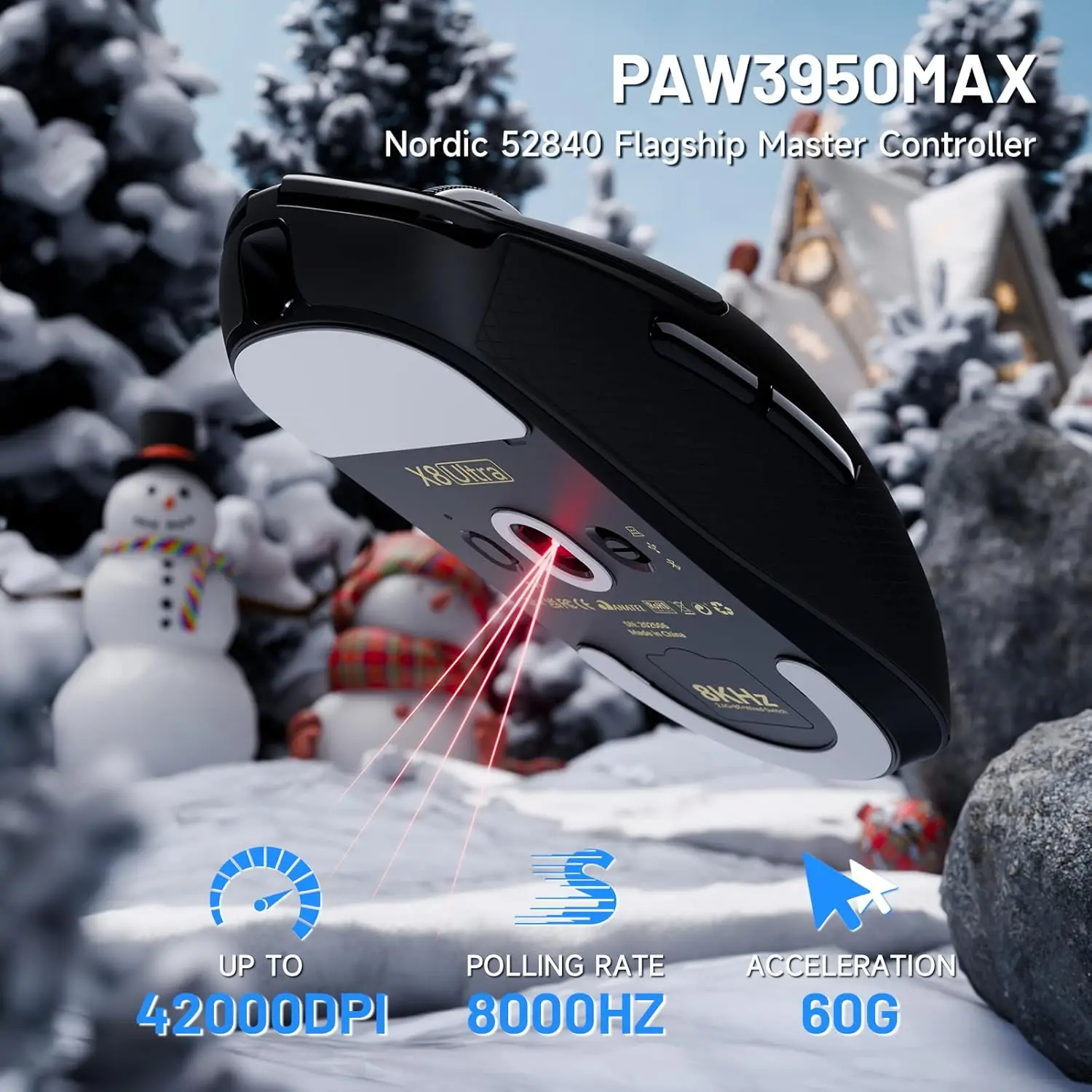 

ATTACK SHARK X8ULTRA Wireless Gaming Mouse, 42000 DPI PAW3950MAX Sensor, 8000Hz Optical Nordic 52840 Tri-Mode 2.4G/BT/Wired, 55g