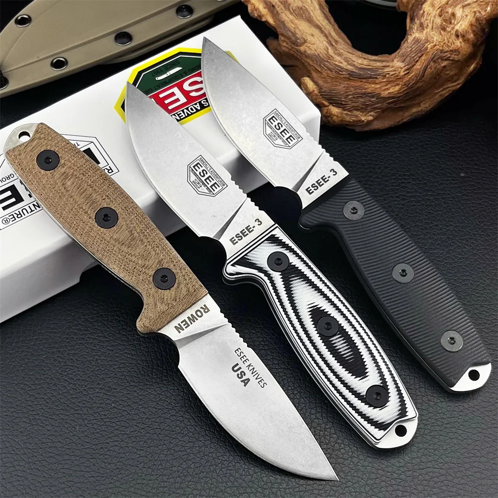ESEE‑3 Fixed Blade Knife, D2 Steel Blade G10 Handle Multi‑Purpose Outdoor Knife with Sheath for Hiking Camping Hunting Survival
