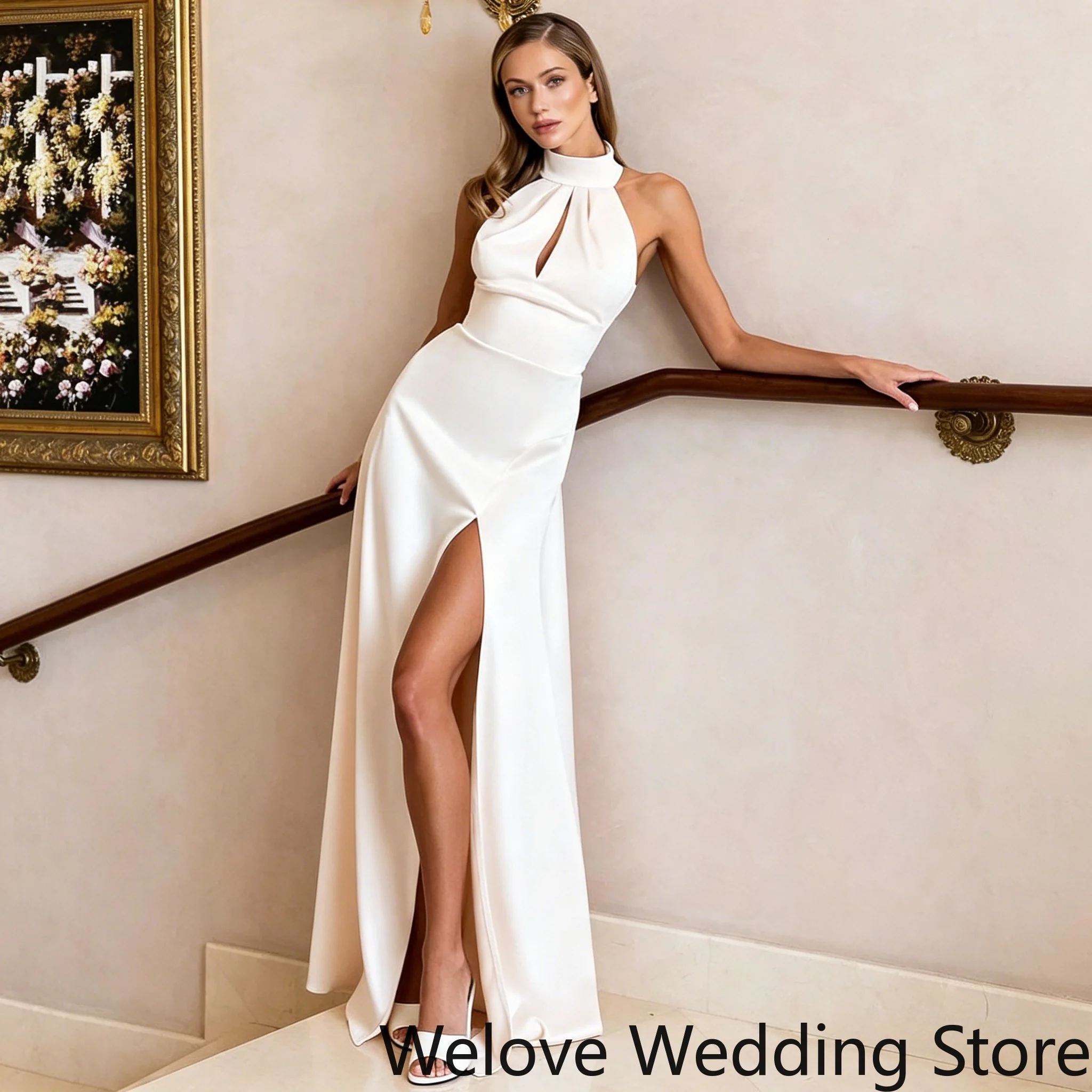 

Minimalist White Formal Evening Gown Featuring High Halter Neck, Front Keyhole Cutout High Front Slit And Sleek Satin