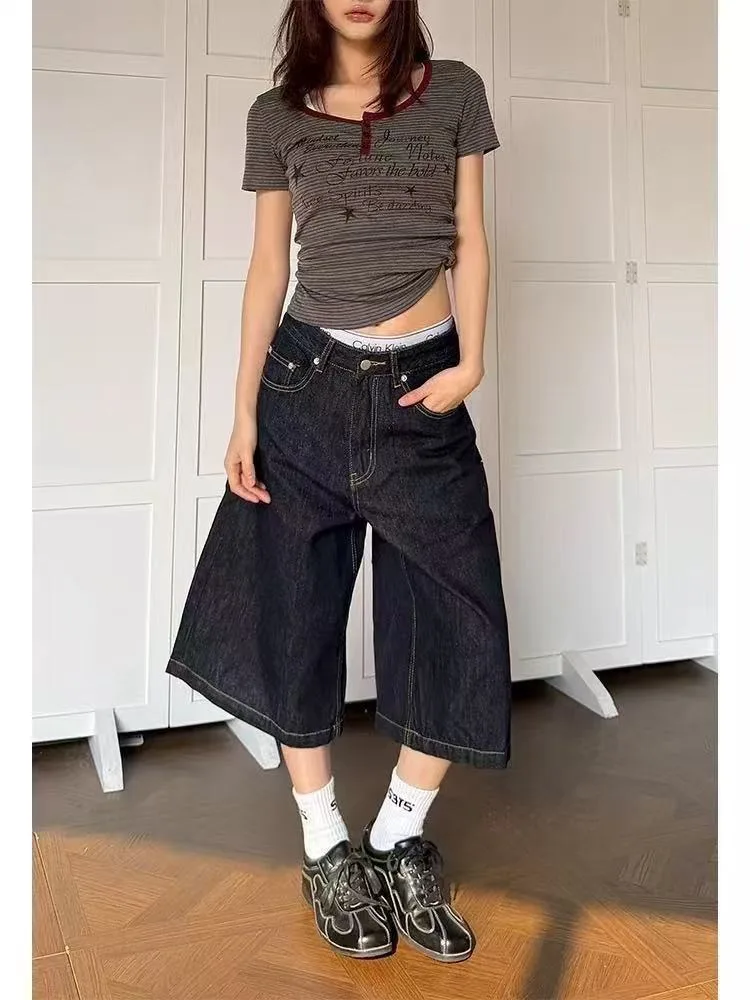 Summer Women's Multi-pocket Design Vintage Denim Shorts Unisex Streetwear Wide Leg Pants Female 90s Fashion Calf-length Trousers