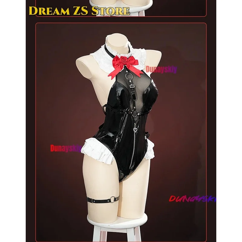 

7d@Marie Roses Cosplay Costume Summer Swimsuits PU Leather Black Bodysuit Women Halloween Uniform Anime Outfits Wig Prop Cosplay