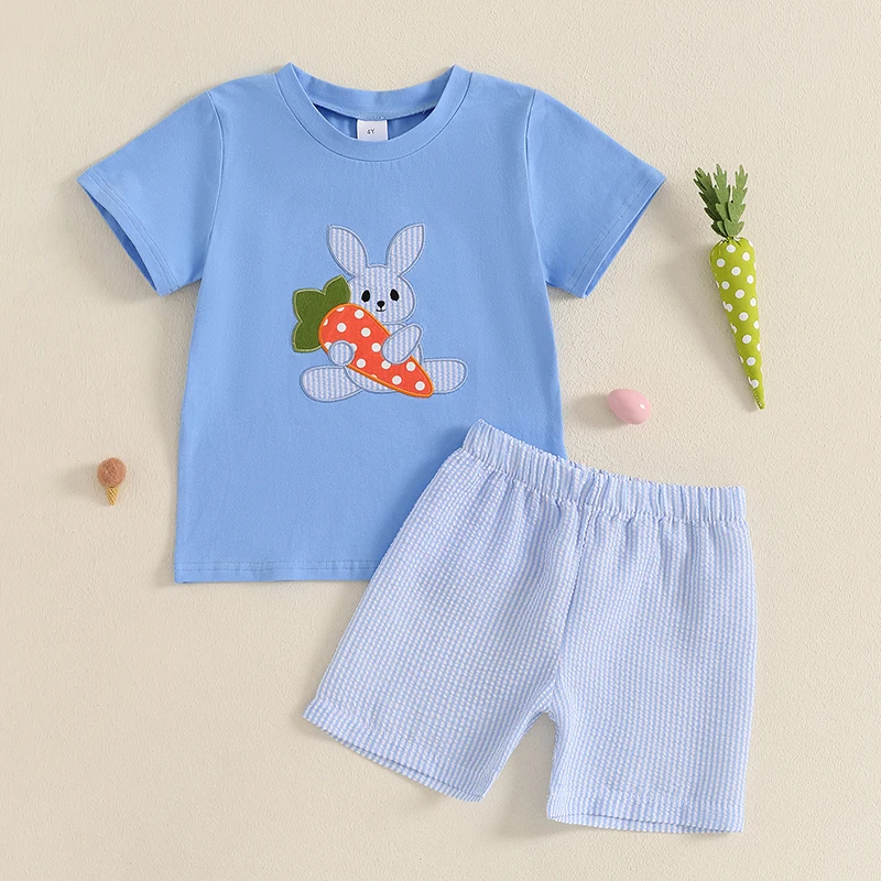 Baby Boys Easter Outfits Bunny Carrot Pattern Short Sleeves T-Shirt and Elastic Shorts Set for 2pcs Clothes Set