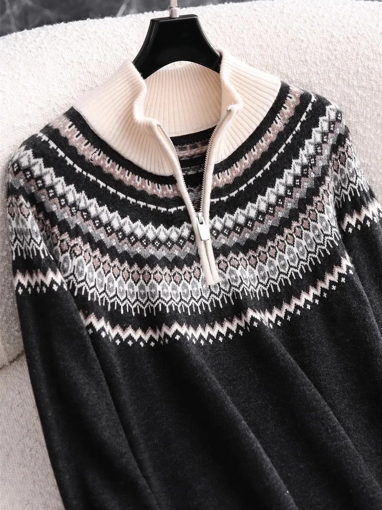 

Christmas Winter Love Song Fair Isle 100% Pure Wool Geometric Tassel Knitted Sweater Zipper Half High Collar Knitwear