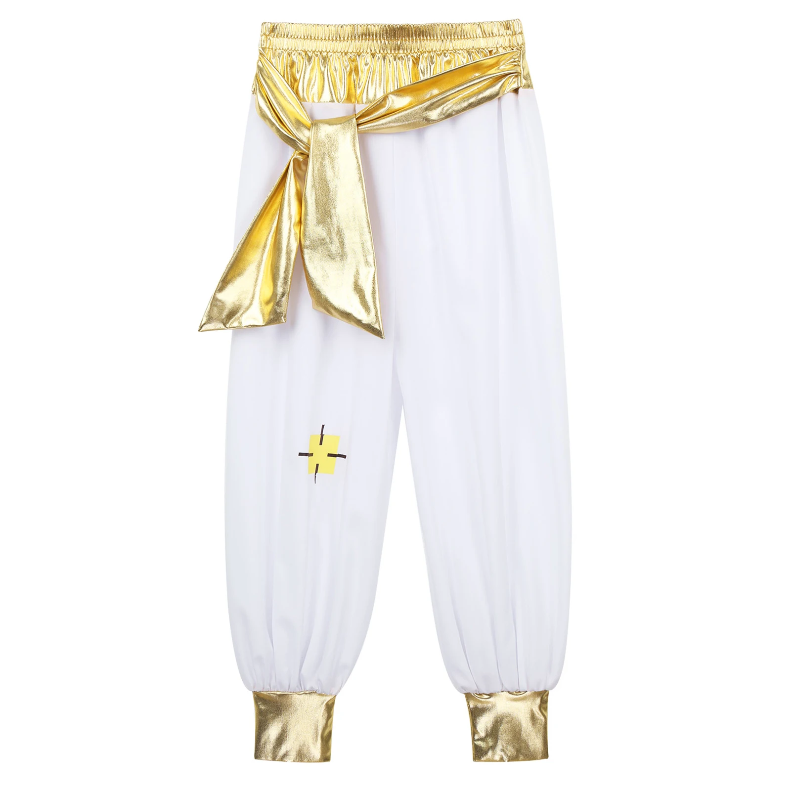 Arabian Prince Figure Pants para Crianças, Metálico Brilhante, Cintura Elástica, Patchwork Pants, Festa Temática de Halloween, Cosplay, Meninos