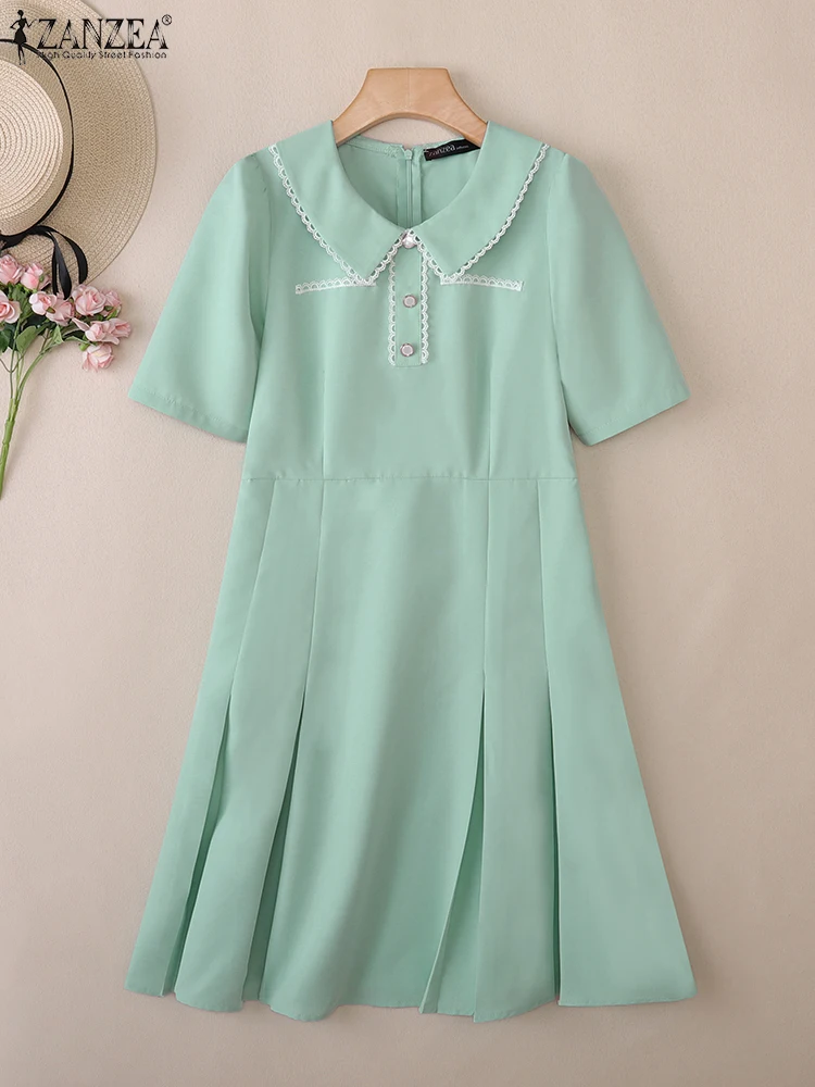 ZANZEA Elegante Spitze Trim Patchwork A-Line Kleid Frauen Peter-Pan Kragen Kurzarm Invertiert Falten Roben Femme Koreanische Mode