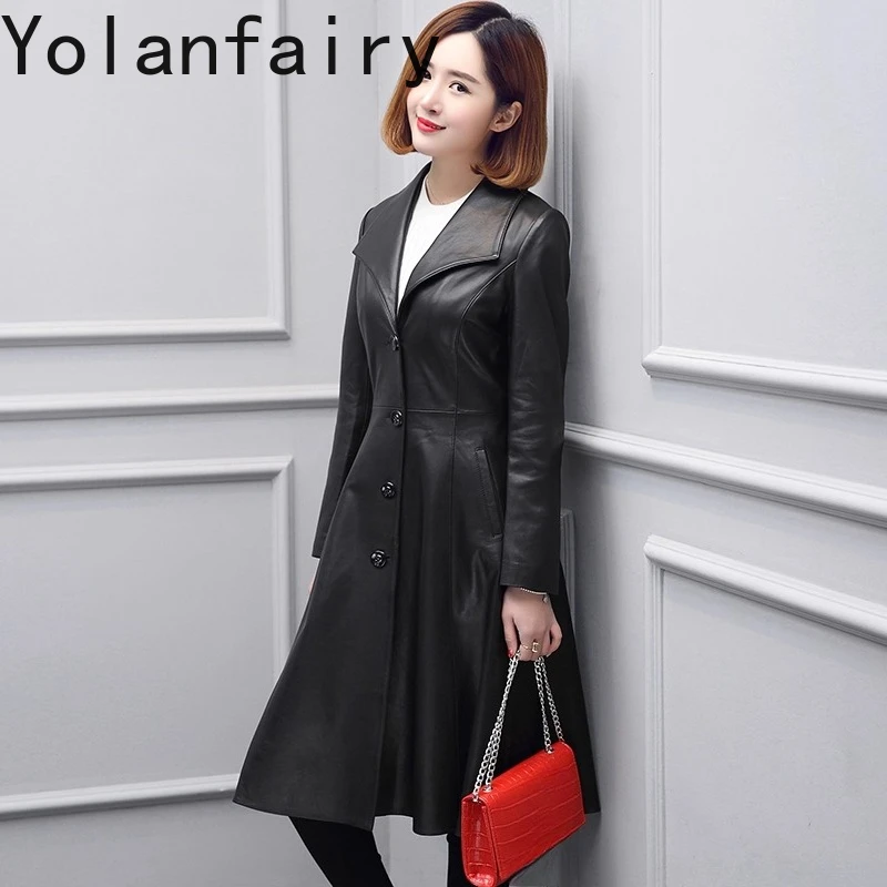YOLANFAIRY 신상품 리얼 양가죽 트렌치코트 여성 한국 패션 진짜 가죽 재킷 여성 슬림핏 롱 윈드브레이커