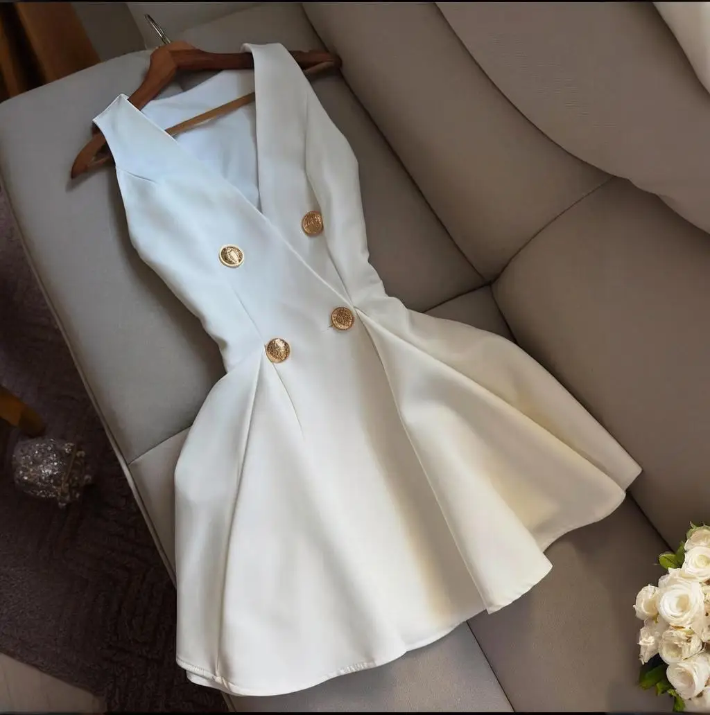 

2025 Summer New Women's Dress V-neck Sleeveless Button Solid Color Temperament Pure Short Skirt
