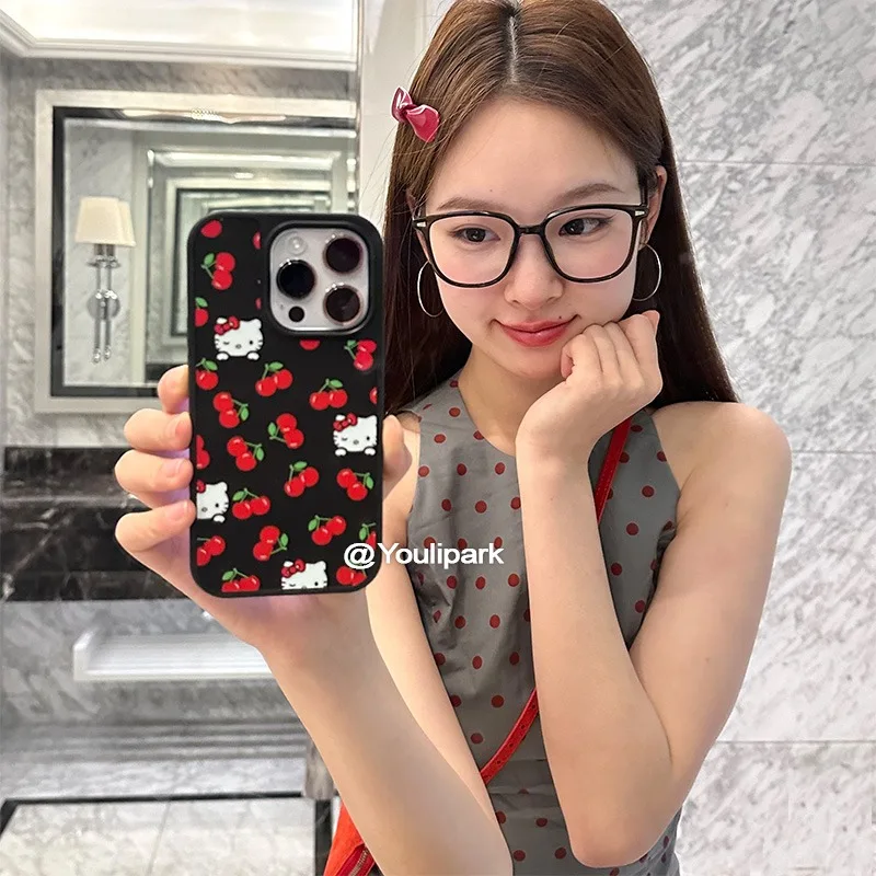 Sanrio Sweet Lovely Girl Cherry Hello Kitty Phone Case for iPhone 16 15 14 13 12 11 Pro Max XR XS Max 7 8 Plus Y2K Cute Cover