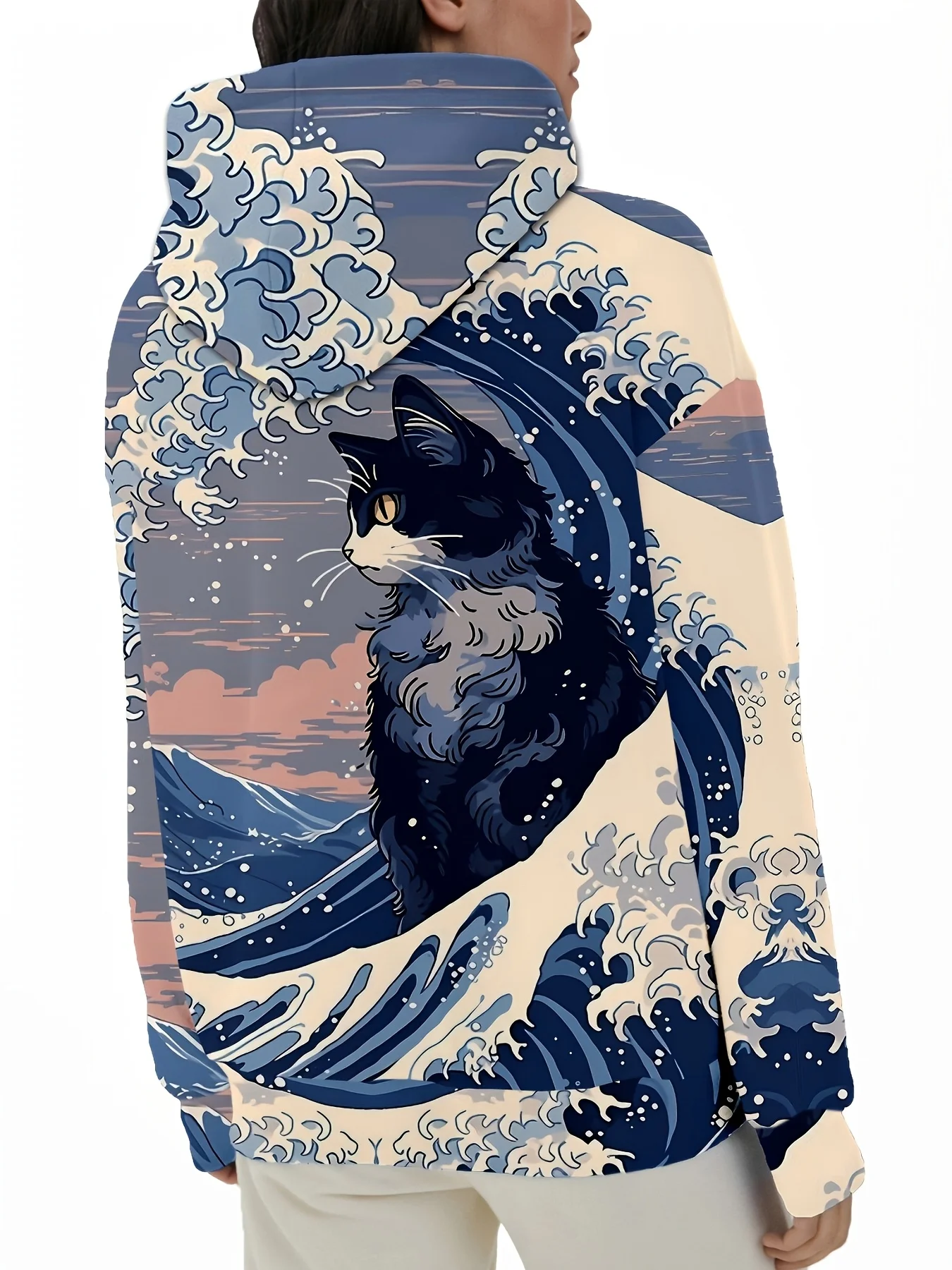 PLstar Cosmos 3D Printed Japanese Wave Cat Pattern Women's Casual Hoodie