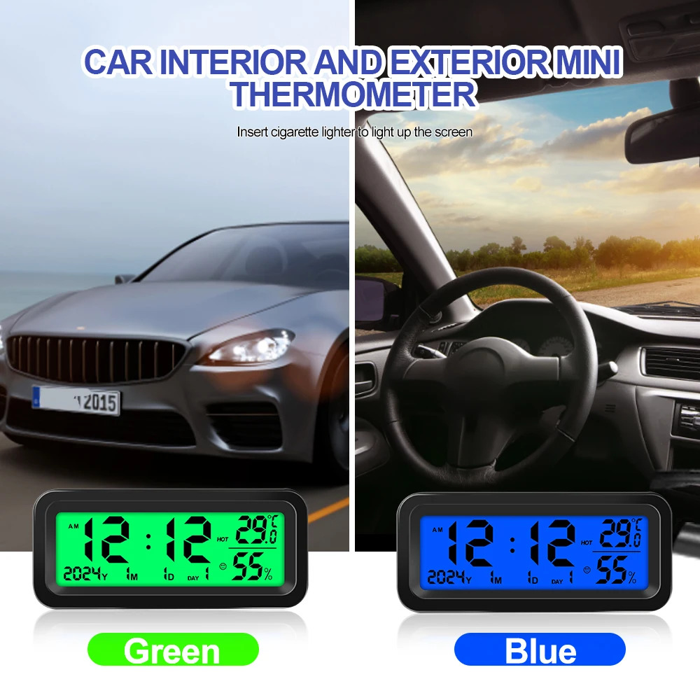 Solar Car Digital Clock Date Week Temperature Humidity LCD Backlit Display for Dashboard Car Clock Automobiles Internal Stick-On