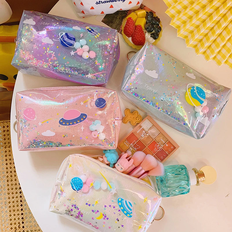 

Planet Sequins Quicksand PVC Cosmetic Bags Large Capacity Pencil Case Portable Storage Bags Coin Purse Girly Toiletry Bags Gifts