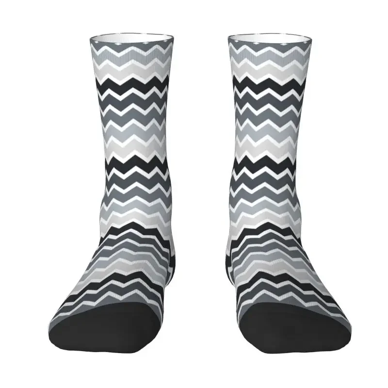 Novelty Mens Grey And White Zig Zag Lines Dress Socks Hip Hop Warm Breathable 3D Printing Geometric Wave Art Crazy Crew Socks