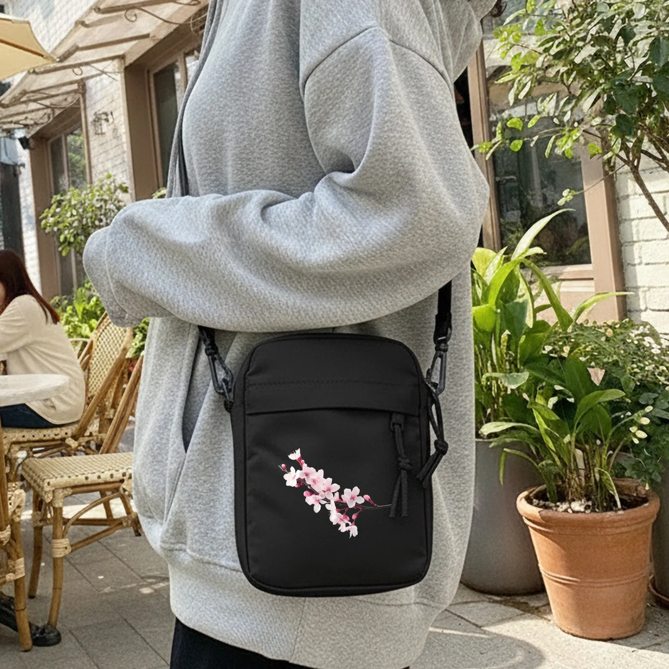 Sakura Floral Crossbody Bag for Men Trendy Shoulder Bag with 2D Print Adjustable Strap Zipper Closure Ideal for Travel Dating