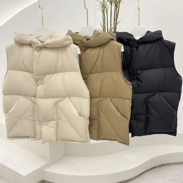 Colete de Plumas de Pato Branco, Estilo Curto e Acolchoado, Jaqueta com Capuz, Design Simples, Casaco de Outono e Inverno, Fe...