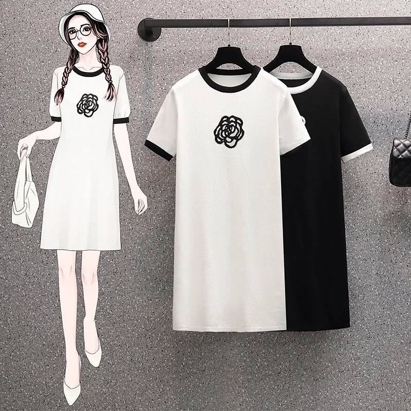 4XL size women elegant casual flower embroidery kint dresses 2024 Summer short sleeve loose thin ice silk knitted dress