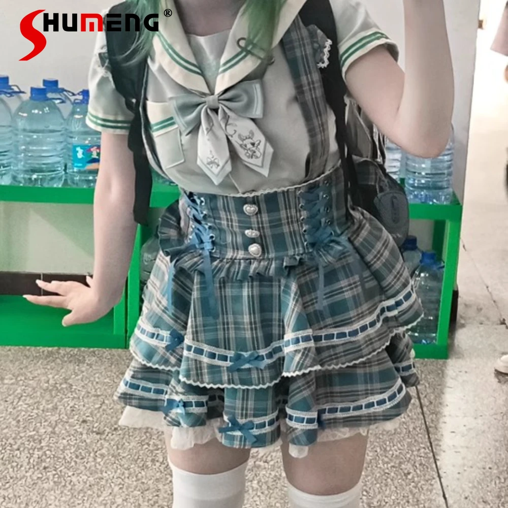 

Japanese Mine Style Sweet Versatile Suspender Skirts Lace Splicing Flying Sleeve Bow Heart Button High Waist Plaid Skirt Women