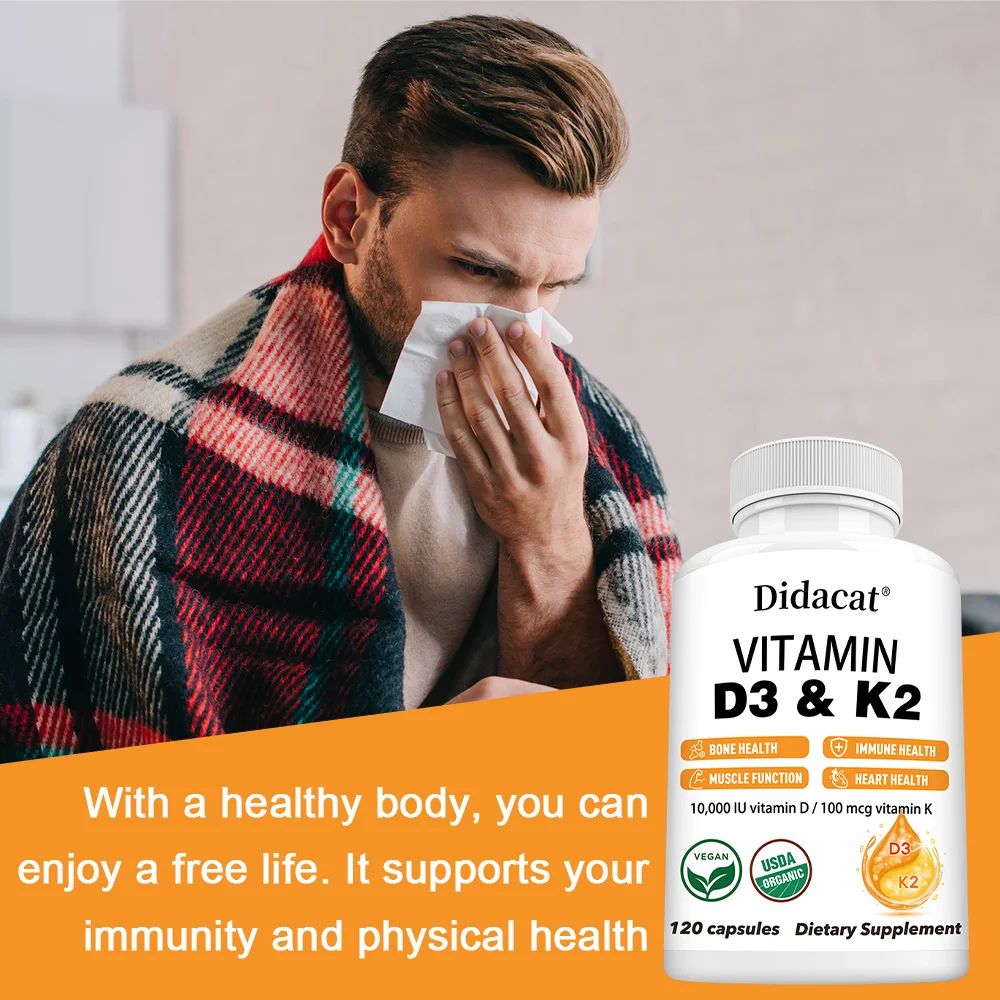 مكمل فيتامين د3 و ك2 - دعم المناعة، صحة العظام والقلب، فيتامين د 10,000 وحدة دولية مع MK-7 (فيتامين ك2)، 120 كبسولة