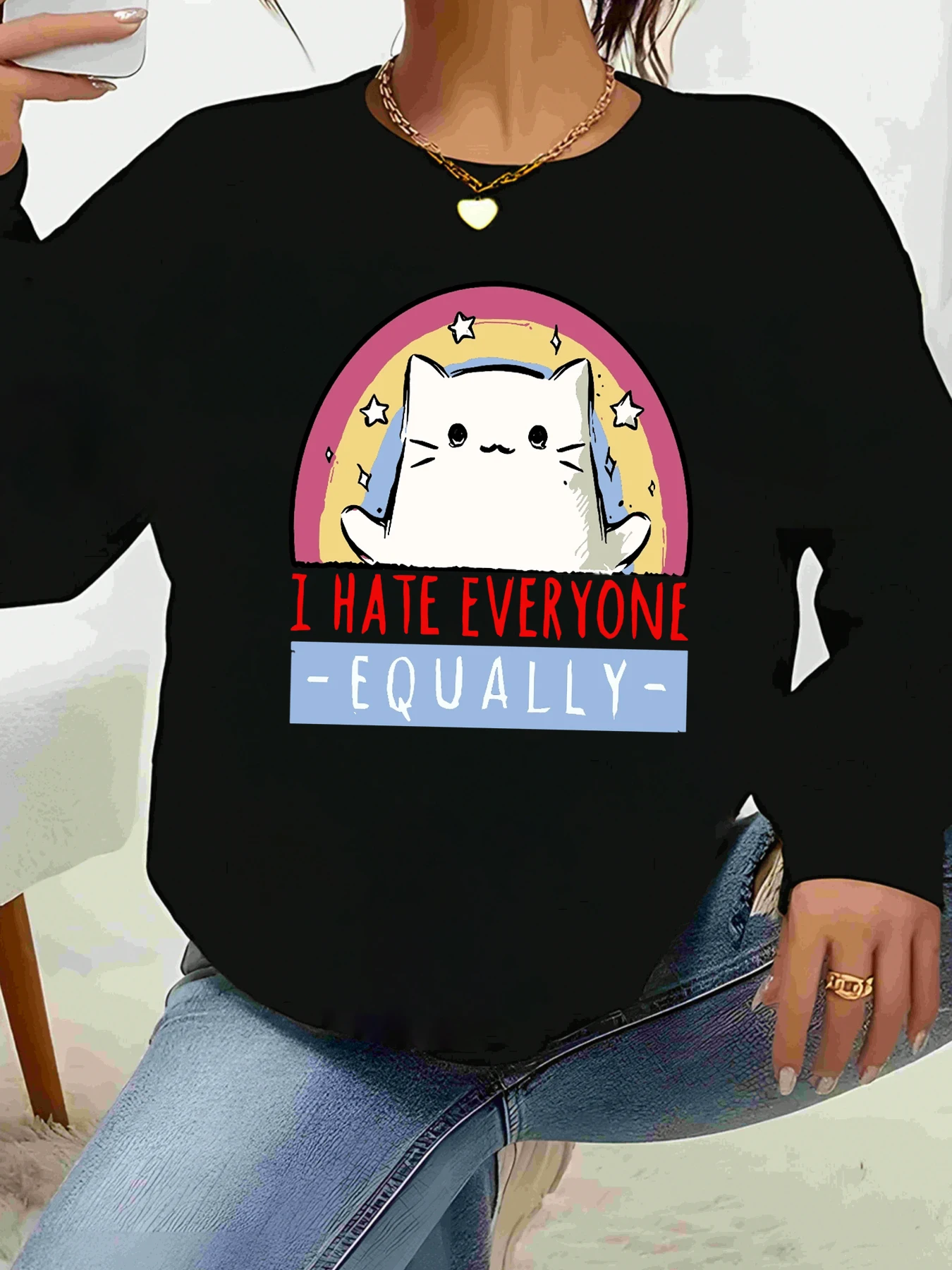 

Толстовка с длинными рукавами с принтом «Кот, я ненавижу каждый», унисекс