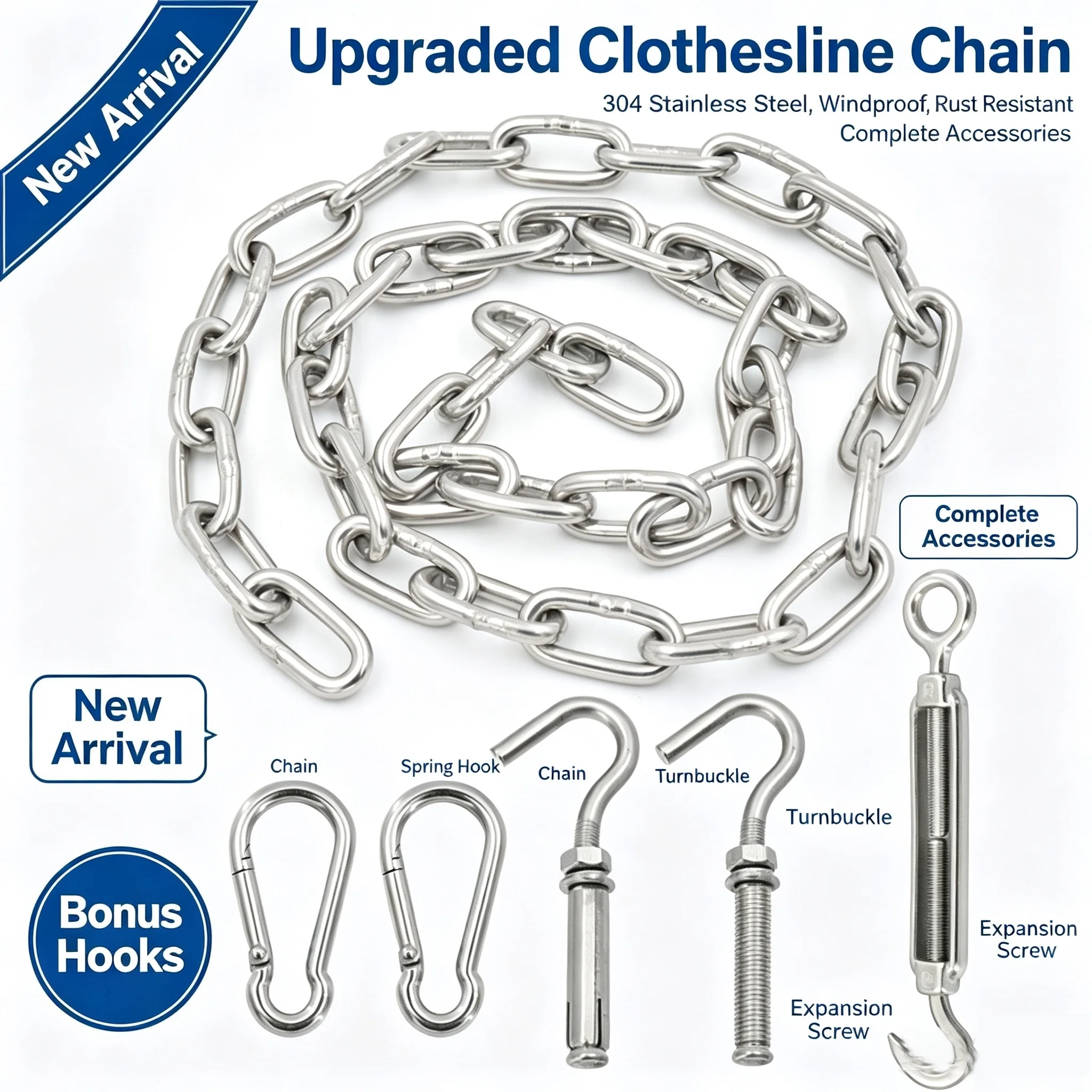 304 Stainless Steel 3-5MM 1-20M Clothes Drying Chain Windproof Hook Chain Balcony Winter Clothing Clothesline Anti‑slip Chain