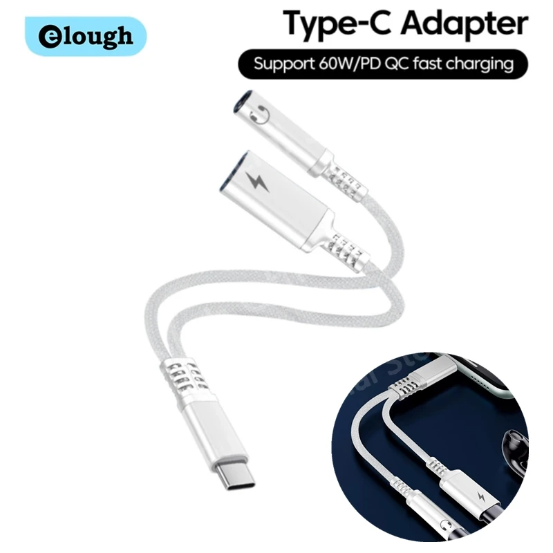 Elough Usb Type C To 3.5mm Jack Adapter For iPhone 15 Pro USB C Male To USB C Female 3.5 Jack AUX Cable Converter Audio Splitter