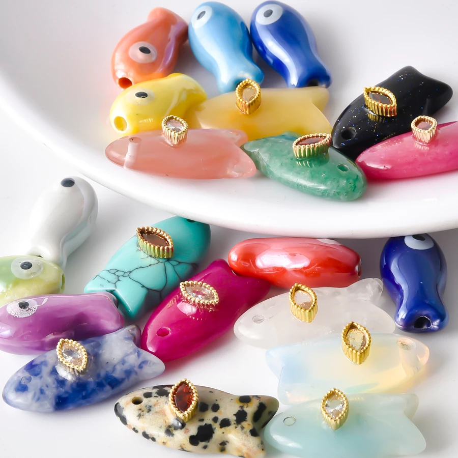 Natural Stone Eye Fish Charms For Jewelry Making Supplies Vintage Animal Pendant Charm Handmade Bracelets Necklace Earrings Bulk
