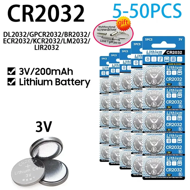 5-50PK 3V CR 2032 CR2032 Button Batteries DL2032 BR2032 KCR2032 200mAh Lithium Coin Battery for Watch Toy Remote Control